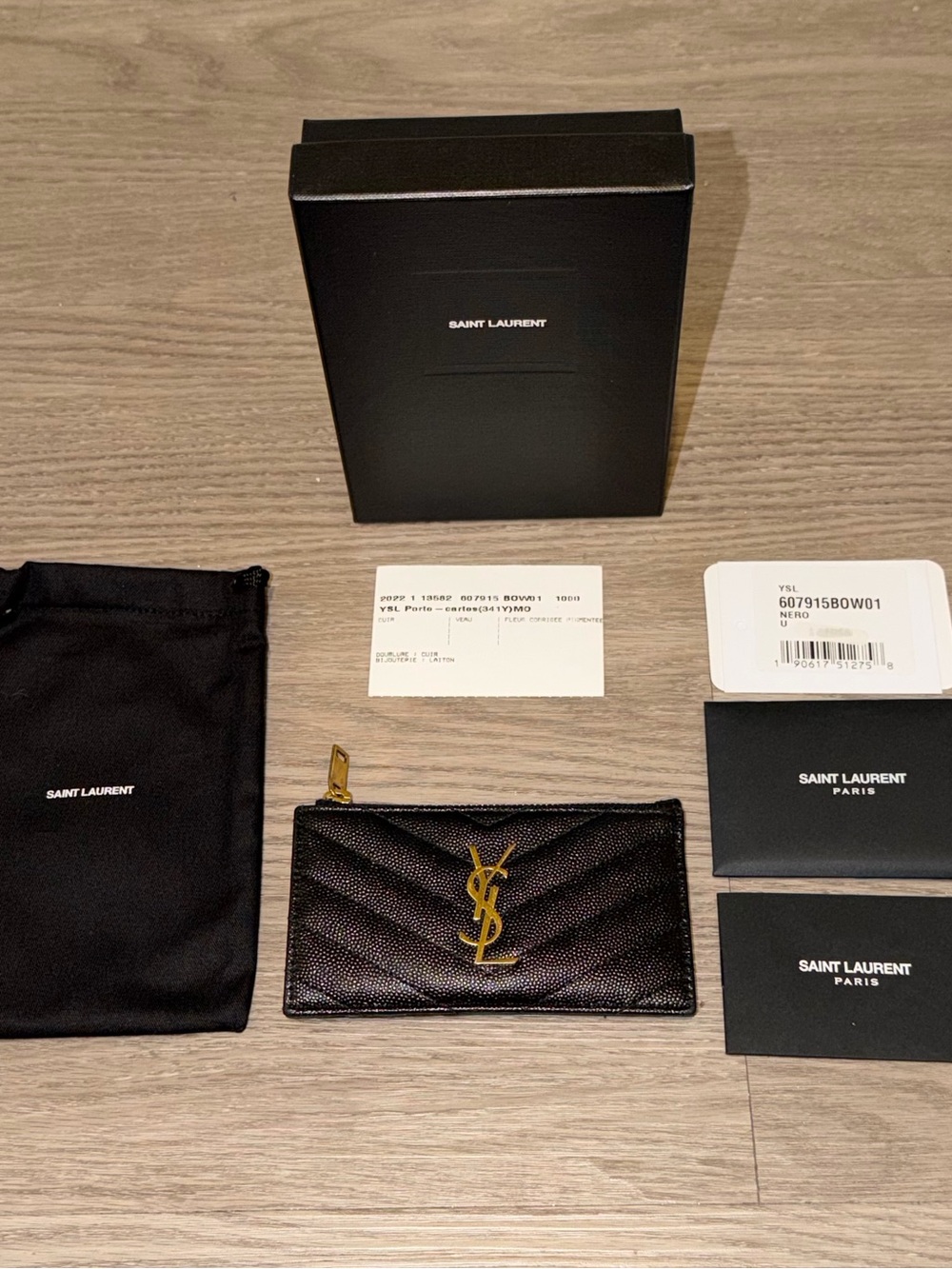 Saint Laurent Black Quilted Leather Card Holder with Gold YSL Logo